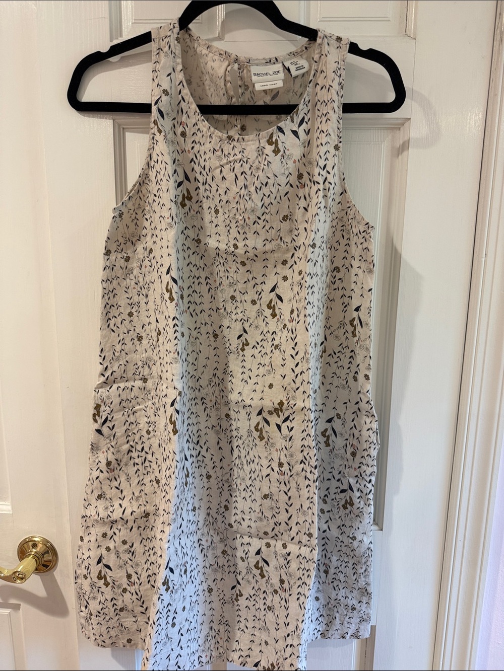 Rachel Zoe Cream Linen Floral Tank Dress with Navy & Brown Accents